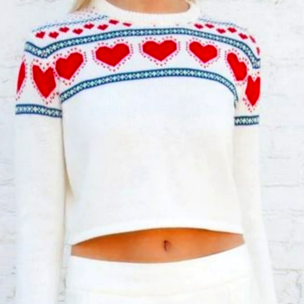 Women's White Sweater with Red Heart Pattern
